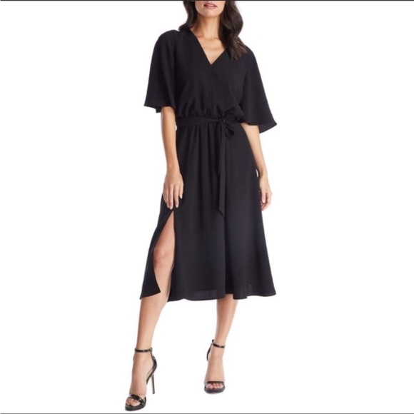 Dress The Population Lydia Dress Black Flutter Sleeve Midi Slit - Picture 1 of 12